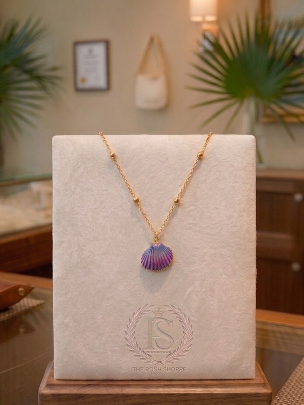 Gold & Natural Painted Violet Scallop Shell Boho Pendant Necklace 🌞🍇